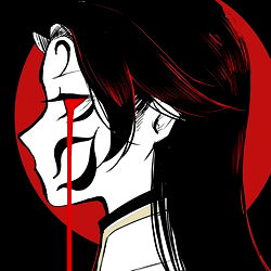 Mysterious Anime Character with Red Blood Stains