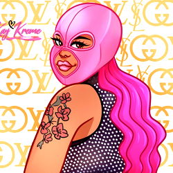 Stylish, Tattooed Model in Pink Mask and Dress