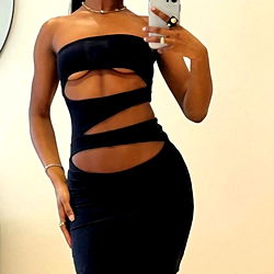 Adelynn Rodriguez in a Black Cutout Dress, Showcasing Her Abs