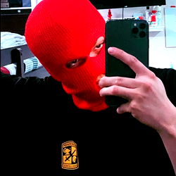 Trendy Red Mask Selfie with Phone