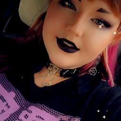 Eona_Galanodel in a Purple and Black Shirt with Gothic Makeup