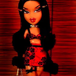 Baby Doll in Red and Black Lingerie, Posing with Fans for Photo Shoot