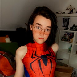 A Spider-Man fan dressed in a Spider-Man bodysuit
