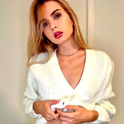 Emily Swan VIP, Modeling a White Sweater