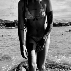 Gerber in a swimsuit on the beach