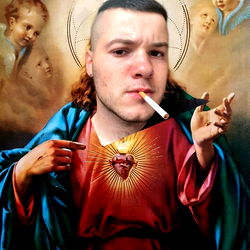 Admirable Adridr99 posing as a religious figure with a cigarette, set against a backdrop of holy icons.