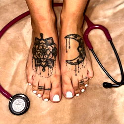 Model Showcasing Tattooed Feet With Medical Stethoscope