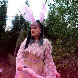 A model in a whimsical bunny costume