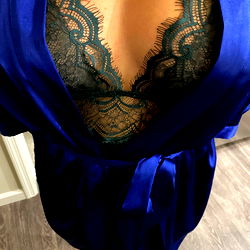 Lingerie Model Showcasing Blue Lace Gown and Matching Lingerie