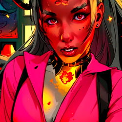 Stylized Graphic of an Anime-inspired Character with Dark Hair and Horns, Wearing a Pink Jacket and Black Belt