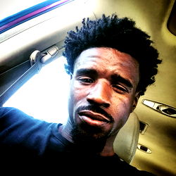 It up: Black and white caricature of a man in a dark shirt