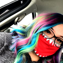 Vividly Multi-Colored Hairstyle with Shark Mask