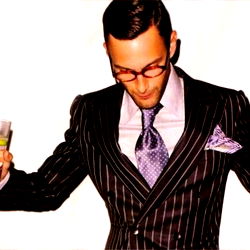 Casually Dressed Striped Suit, Glass in Hand