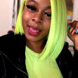 Model GoatOfThroats with Neon Green Wig and Colorful Hair