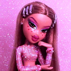 Stylized Doll with Angeleyes' Characteristics, Pink Glitter Background