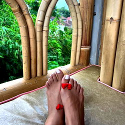 A serene moment on a bamboo balcony with foot spa