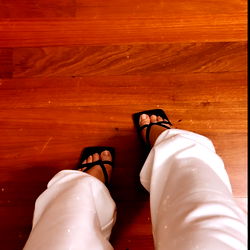 The Person in the Image is Standing on a Wooden Floor