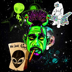 Vibrant Cosmic-Themed Illustration with Aliens, Celebrities, and Pop Culture References