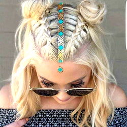 Braided Blonde Hair with Blue Earrings and a Tie-dye Headband