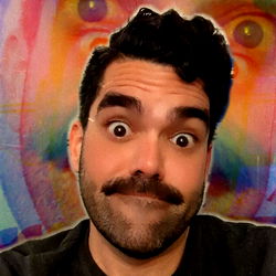 A person with a surprised expression in front of a colorful background, possibly a digital art or image effect