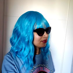 Amiblue Posing in a Bathroom with Blue Hair