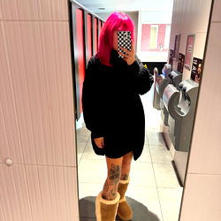 Pink-Haired Individual Posing in Bathroom Mirror with Uggs and OnlyFans Reference