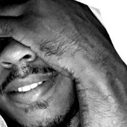 African American Man in Sleep Mask, Emoting Happiness