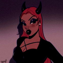Sultry Cartoon Character with Horns and Red Hair