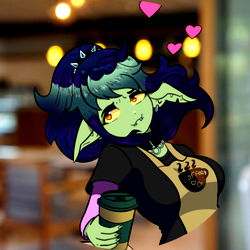 Anime-style illustration of Ellina, a character with cat-like ears and features, from the game Among Us. She is holding a coffee mug.