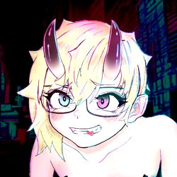 MinxCvm - a 3D model from Europe featuring an anime-style girl with devil horns and red eyes, set against a dark background.
