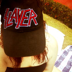 MetalGirl1313 in Black and Red Hat, Kicking Back