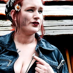 Aurora, Model in Denim Jacket, Daisy Tattoo