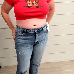 Model Maci Rains from Texas in Red Tank Top and Jeans