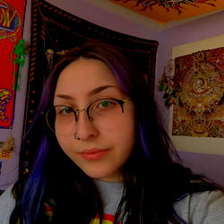 Ash - Elegant Young Lady with Vibrant Blue Hair and Glasses