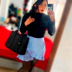 Woman in Vintage Outfit, Holding Purse in Selfie