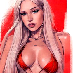 Stylized illustration of a woman in a red bikini with blonde hair and blue eyes