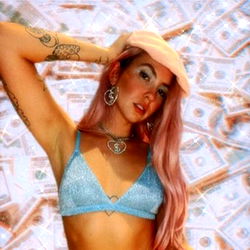 Stylish Model in a Pink Hat with Money Background