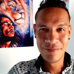 Cool and Vibrant Artwork Behind Man