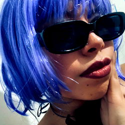 Purple Venus' Playful Style with Blue Wig and Sunglasses