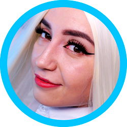 Model with Blonde Hair and Red Lips, against a white background