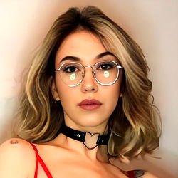 Teach Ella, OnlyFans Model from Lust College, Department of Sexology, wearing prescription glasses and a choker necklace.