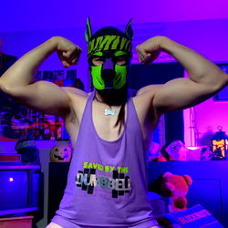 Muscular Cosplayer in Purple Tank Top and Dog Mask