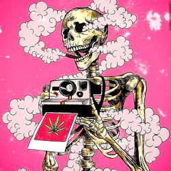 Vintage-style model with a camera, cigarette, and a joint in a themed shoot