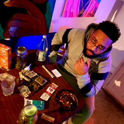 Model Posing with Food and Drinks