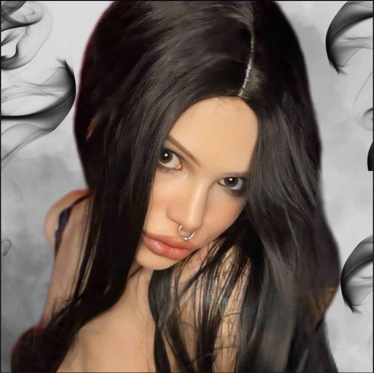 Stylish OnlyFans Model Draculaura in Chic Outfit, Smoking, Long Dark Hair, Intense Makeup, Black Background