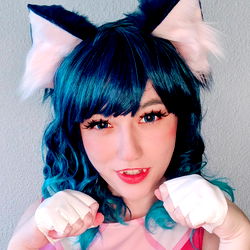 Anime-Inspired Catgirl with Striped Eyes and Fluffy Ears,