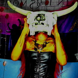 Vivid and Costumed Performer in Dramatic Setting with Bull Horns