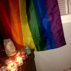 Vibrant Rainbow Flag Hanging from Window of Gay-Themed Room