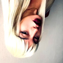 Model Angelina with Platinum Blonde Hair and Red Lipstick