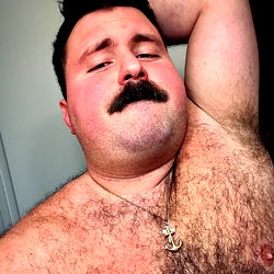 Fit and hairy man with beard in mirror selfie